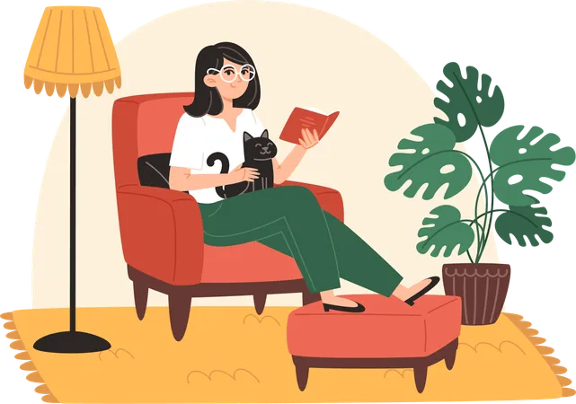 Mujer joven sentada en un sillón con gato y leyendo un libro en casa  Ilustración