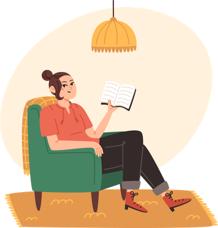 Mujer joven sentada en un sillón y leyendo un libro en casa  Ilustración