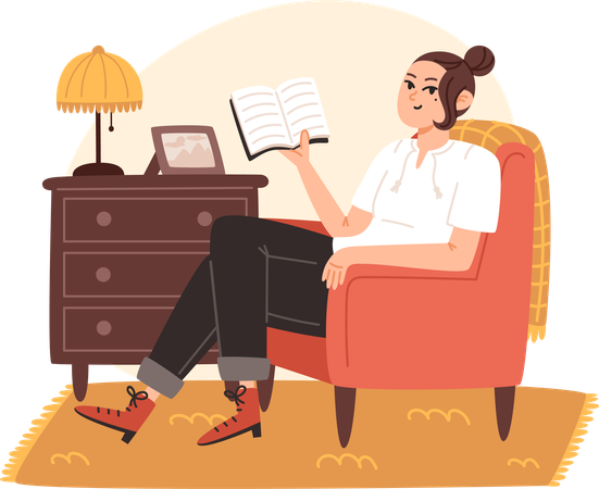Mujer joven sentada en un sillón y leyendo un libro en casa  Ilustración