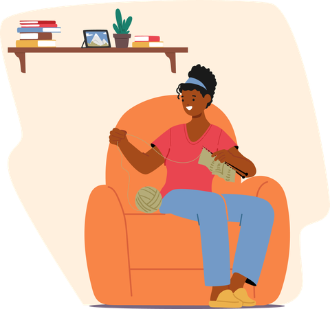 Mujer joven sentada en un sillón y tejiendo  Illustration