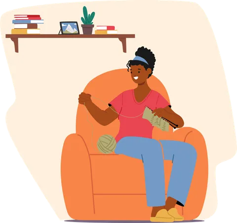 Mujer joven sentada en un sillón y tejiendo  Illustration