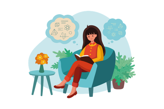 Mujer joven sentada leyendo un libro y pensando en fórmulas  Ilustración