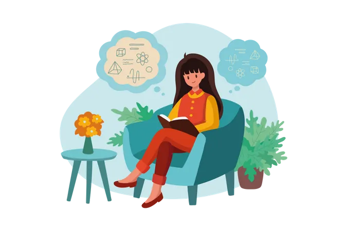 Mujer joven sentada leyendo un libro y pensando en fórmulas  Ilustración