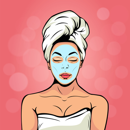 Mujer joven sexy en toalla de baño con máscara cosmética en la cara. Fondo vectorial colorido en estilo cómico retro del arte pop. Rostro femenino sonriente y relajante.  Ilustración