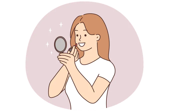Mujer joven sonriente se mira en el espejo y se aplica lápiz labial.  Ilustración
