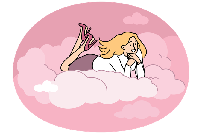 Mujer joven sonriente acostada en la nube soñando  Ilustración