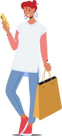 Mujer joven sosteniendo bolsas de compras leyendo mensaje en teléfono inteligente  Ilustración