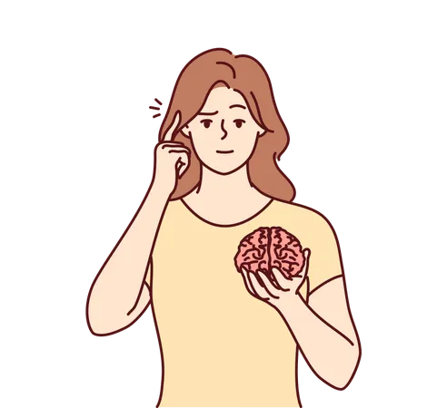 Mujer joven sosteniendo el cerebro y pensando  Ilustración