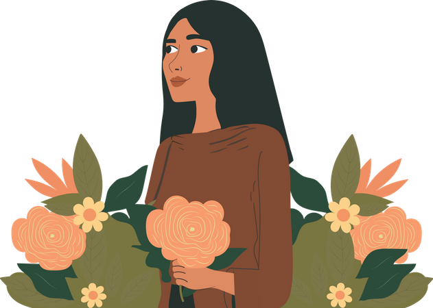 Mujer joven sosteniendo hermosas flores  Ilustración