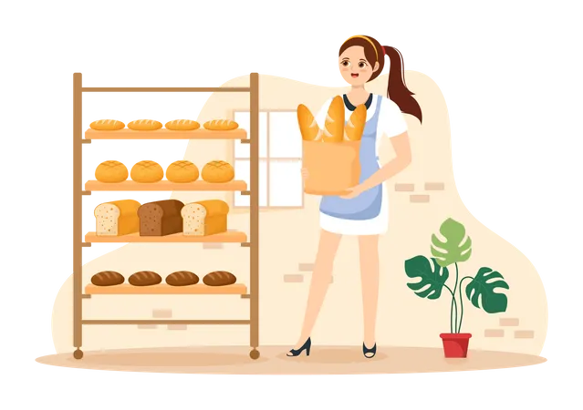 Mujer joven sosteniendo paquete de pan  Ilustración