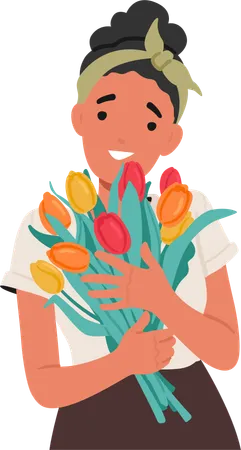 Caracter De Mujer Joven Radiante De Alegria Sostiene Tiernamente Un Vibrante Ramo De Flores De Tulipan Sus Colores Vibrantes Son Una Animada Danza Del Abrazo Primaveral Ilustracion De Vector De Personas De Dibujos Animados Ilustración