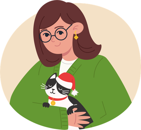 Mujer joven sosteniendo un gato blanco y negro con sombrero de Papá Noel en sus brazos  Ilustración