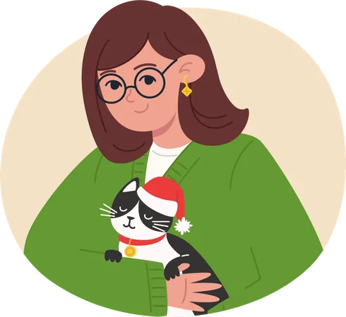 Mujer joven sosteniendo un gato blanco y negro con sombrero de Papá Noel en sus brazos  Ilustración