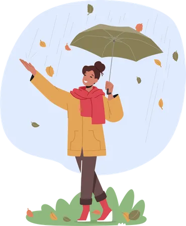 Mujer joven sosteniendo un paragüero bajo la lluvia y las hojas cayendo en la temporada de otoño  Ilustración