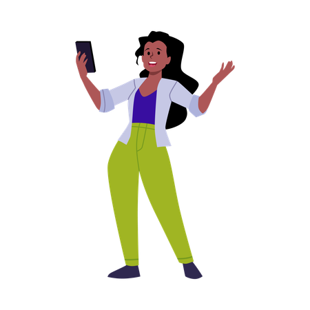 Mujer joven sosteniendo un teléfono inteligente y creando contenido de video  Ilustración