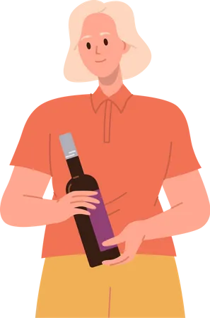 Mujer joven sosteniendo una botella de vino  Ilustración