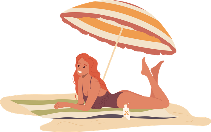Mujer joven tomando el sol bajo la sombrilla para relajarse en la playa tropical de verano  Ilustración