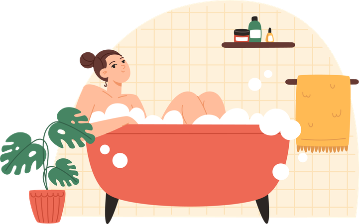 Mujer joven tomando un baño con espuma  Ilustración