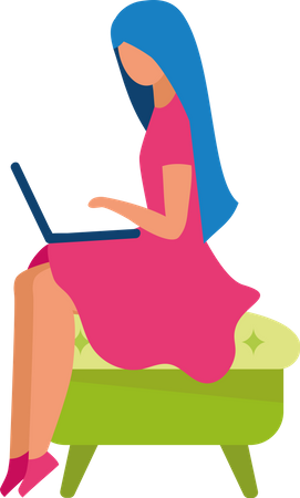 Mujer joven trabajando en la computadora portátil  Ilustración