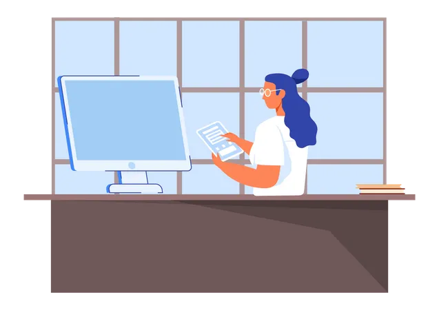 Mujer joven trabajando en la computadora portátil  Ilustración