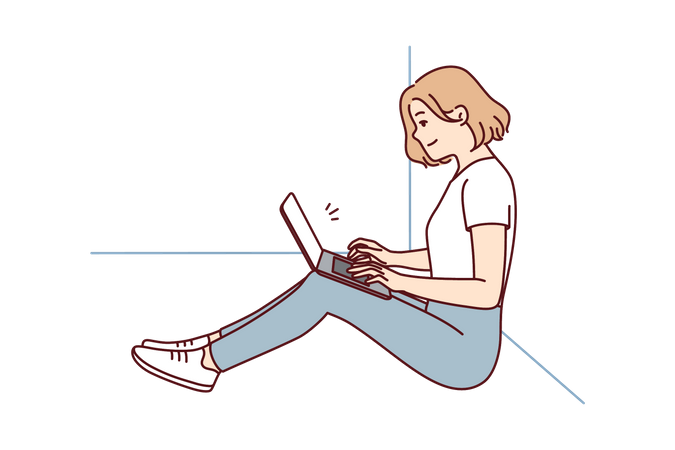 Mujer joven trabajando en la computadora portátil  Ilustración