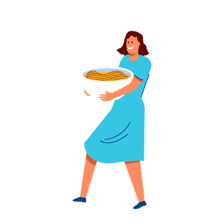 Mujer joven trae fideos  Ilustración