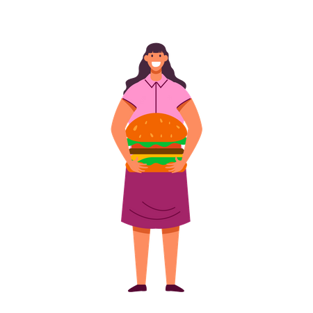 Mujer joven trae hamburguesa  Ilustración