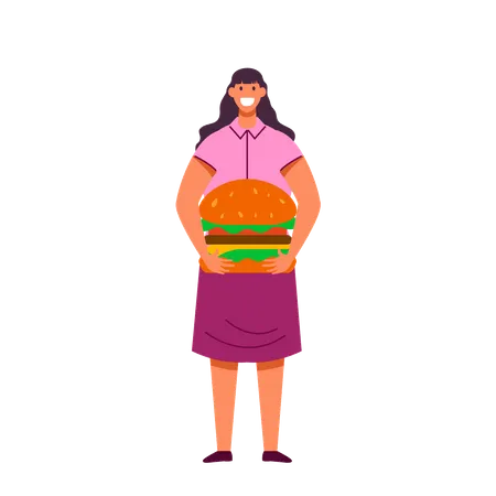 Mujer joven trae hamburguesa  Ilustración