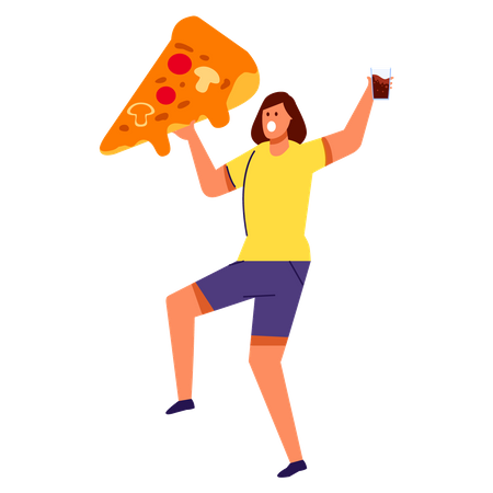 La mujer joven trae pizza y refresco  Ilustración