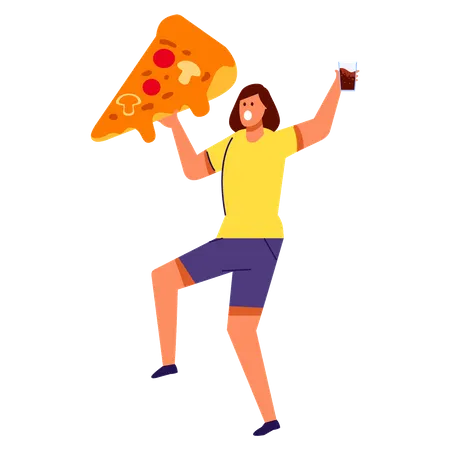 La mujer joven trae pizza y refresco  Ilustración