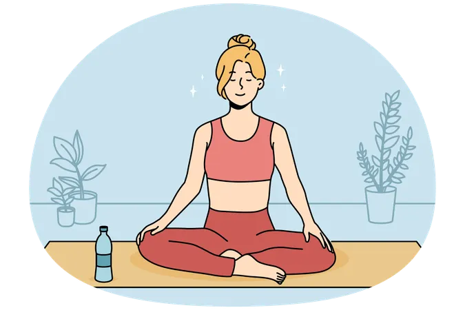 Mujer joven tranquila en ropa deportiva sentada en una colchoneta practicando yoga en casa  Ilustración