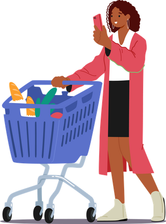 Mujer joven usa celular mientras hace compras en el supermercado  Ilustración