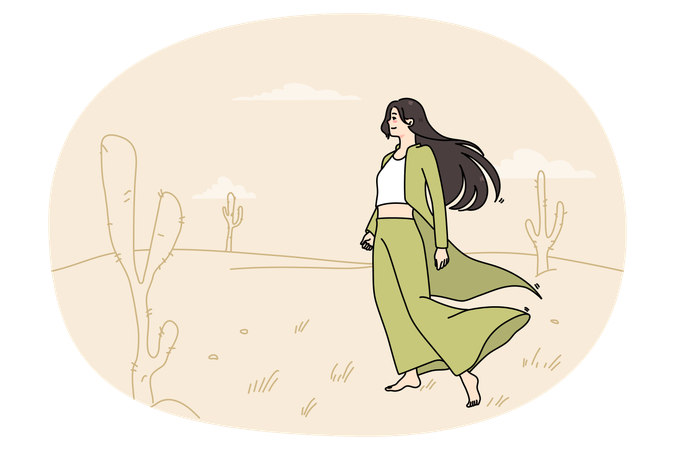 Mujer joven vagando sola por el desierto  Ilustración