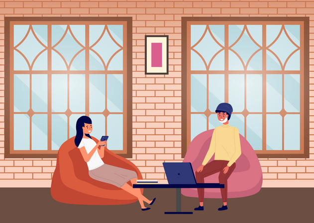 Mujer joven y hombre con mascarilla protectora sentados en sillas y comunicándose en la habitación  Ilustración