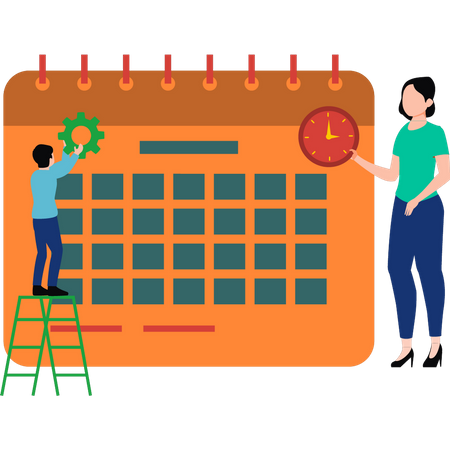 Mujer joven y hombre gestionando el calendario  Ilustración