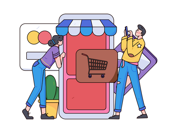 Mujer y hombre jóvenes haciendo compras en línea mientras realizan pagos en línea mediante dispositivos móviles  Ilustración