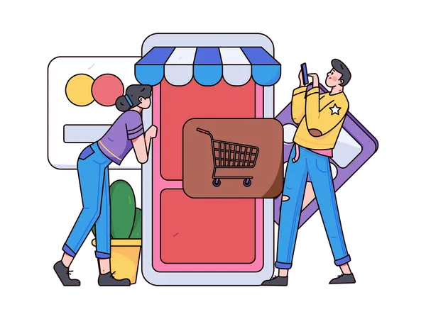 Mujer y hombre jóvenes haciendo compras en línea mientras realizan pagos en línea mediante dispositivos móviles  Ilustración