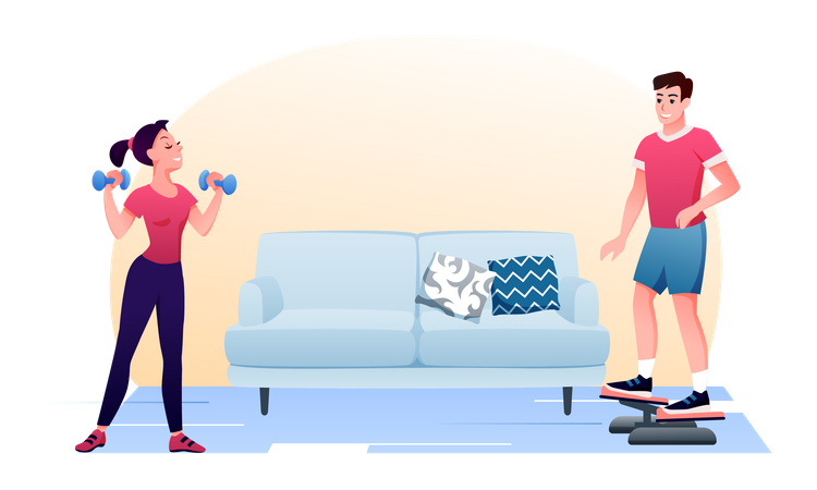 Mujer joven y hombre haciendo ejercicio matutino en casa  Ilustración