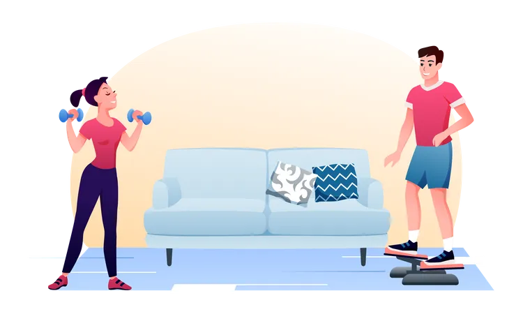 Mujer joven y hombre haciendo ejercicio matutino en casa  Ilustración
