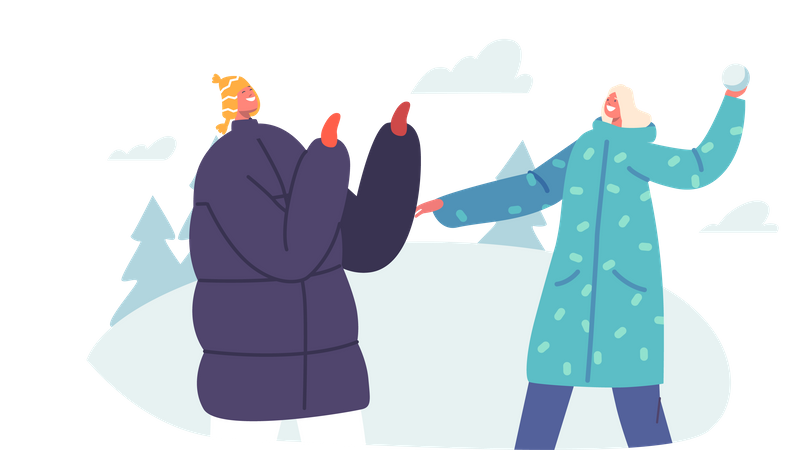 Mujer joven y hombre jugando bolas de nieve en la calle  Ilustración