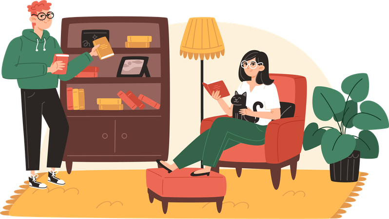 Mujer joven y hombre leyendo un libro en casa en una acogedora sala de estar en casa  Ilustración