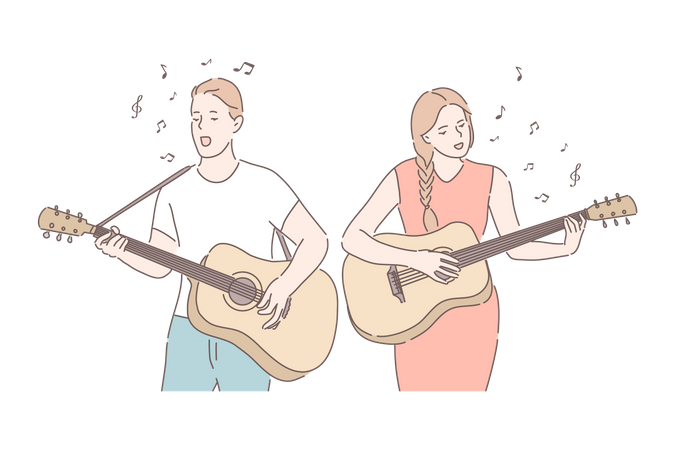 Mujer joven y hombre tocando la guitarra y cantando una canción.  Ilustración