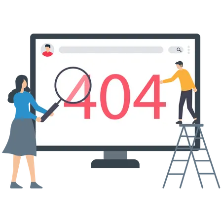 Mujer joven y hombre trabajando en el Error 404  Ilustración