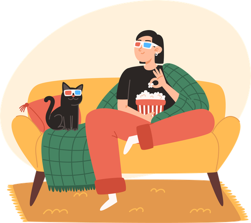 La mujer joven y su gato están sentados en un cómodo sofá y viendo una película  Ilustración