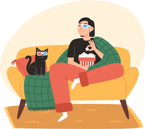 La mujer joven y su gato están sentados en un cómodo sofá y viendo una película  Ilustración