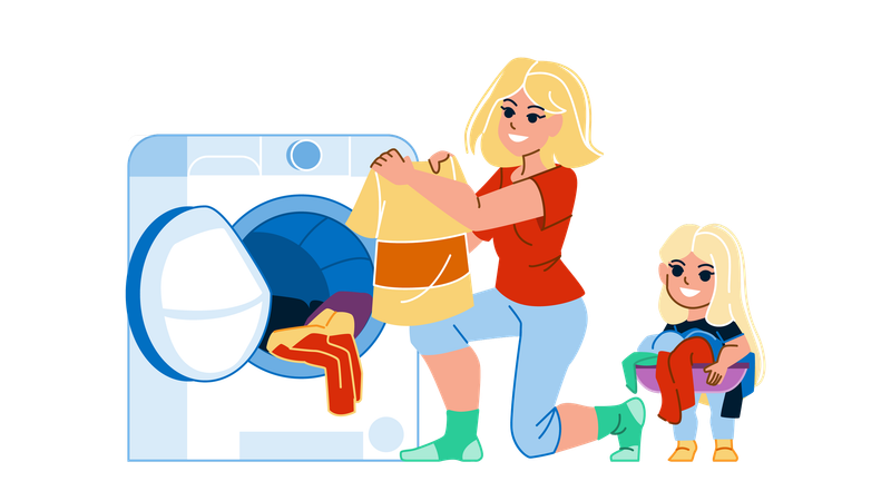 Mujer joven y su hija lavando ropa en la lavadora  Ilustración