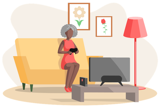 Mujer jubilada jugando videojuegos  Ilustración
