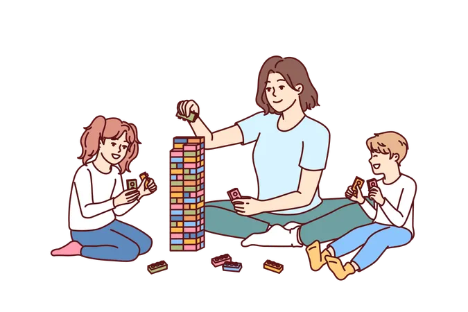 Mujer juega bloques de construcción con niños  Ilustración