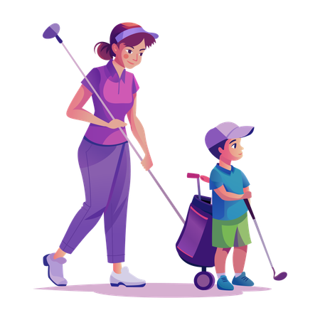 Mujer jugando al golf con su niño  Ilustración