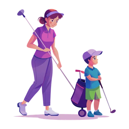 Mujer jugando al golf con su niño  Ilustración